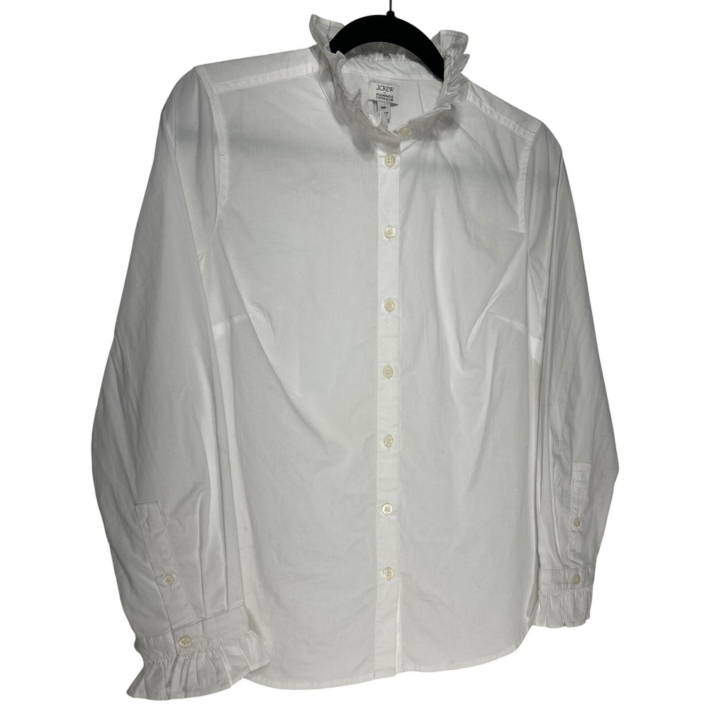 J.Crew White Ruffle Collar Regenerative Cotton Blend Button Down Shirt Size MP